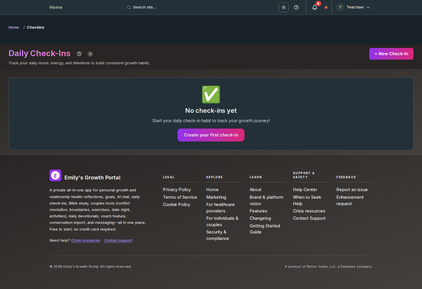 Screenshot: Daily Check-ins
