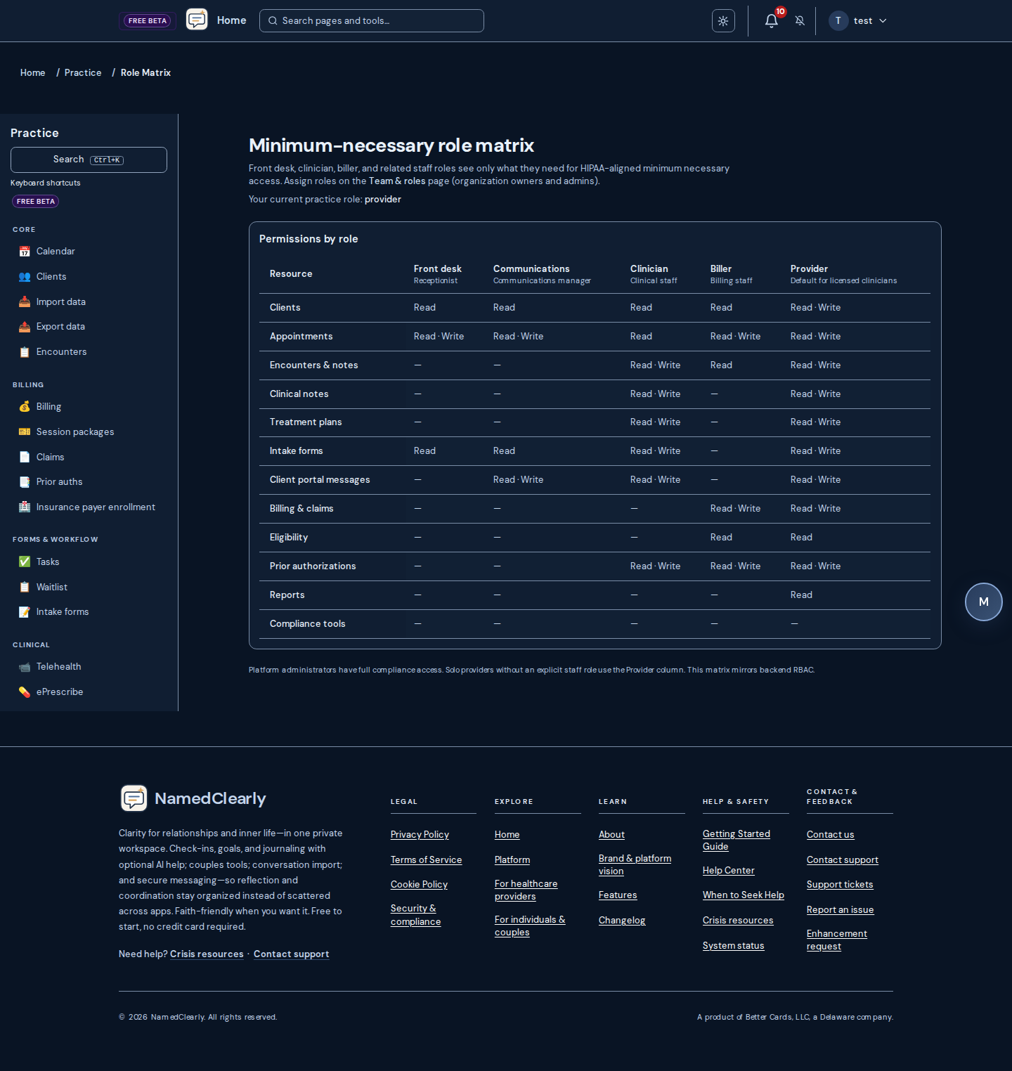 Screenshot: Practice team roles matrix