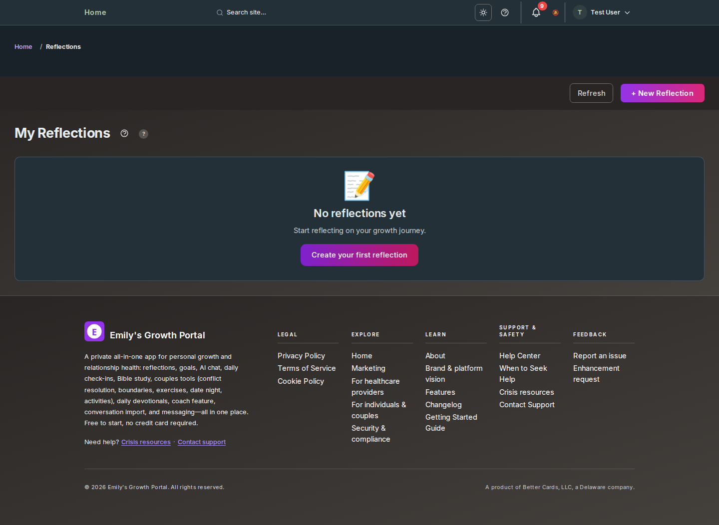 Screenshot: Reflections Journal