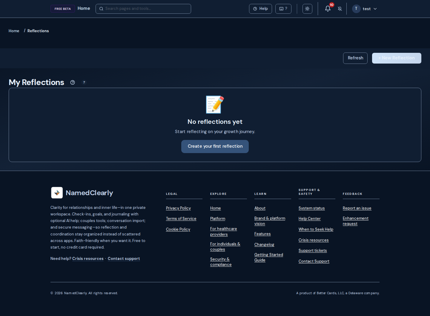 Screenshot: Reflections Journal
