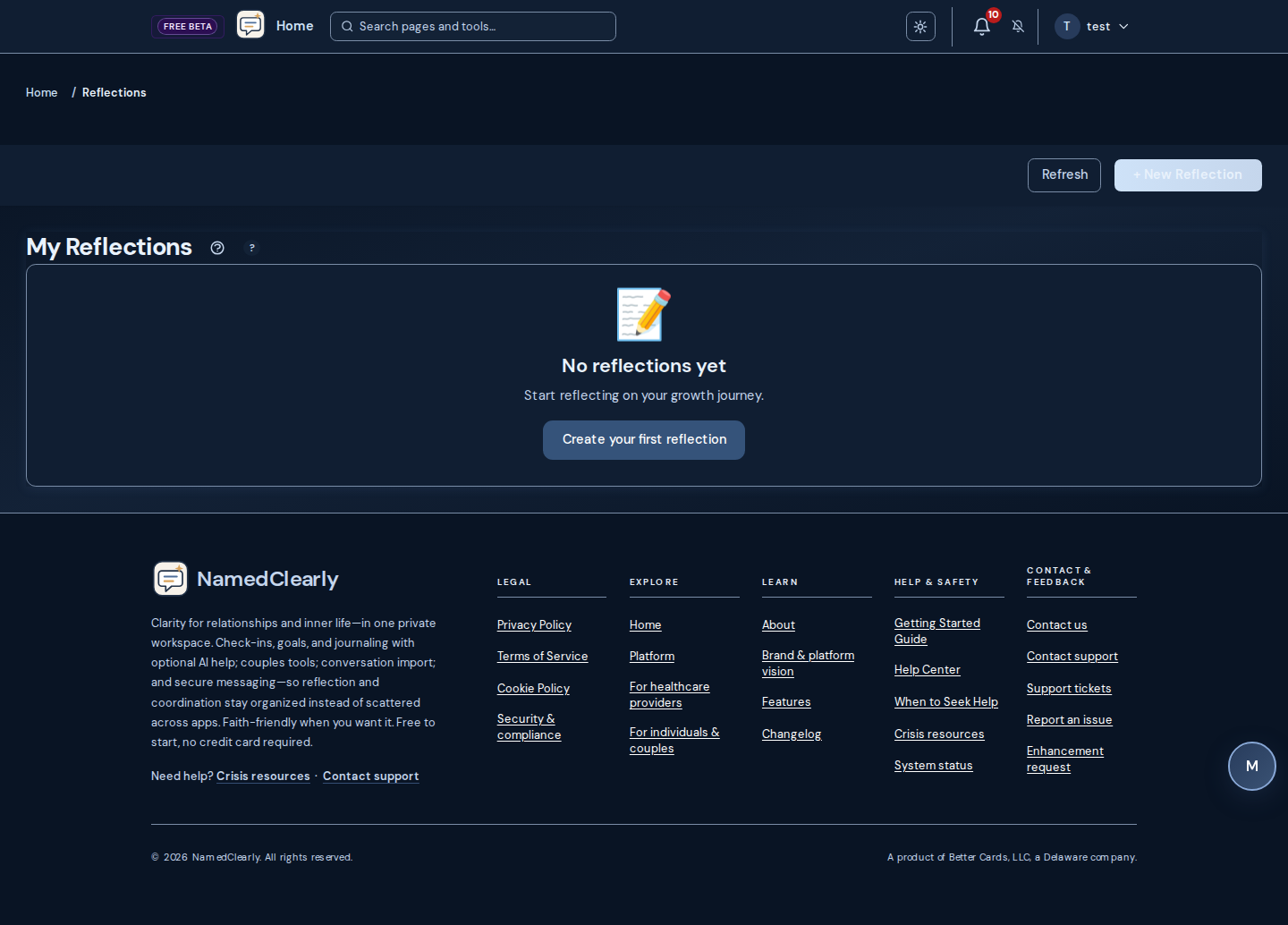 Screenshot: Reflections Journal