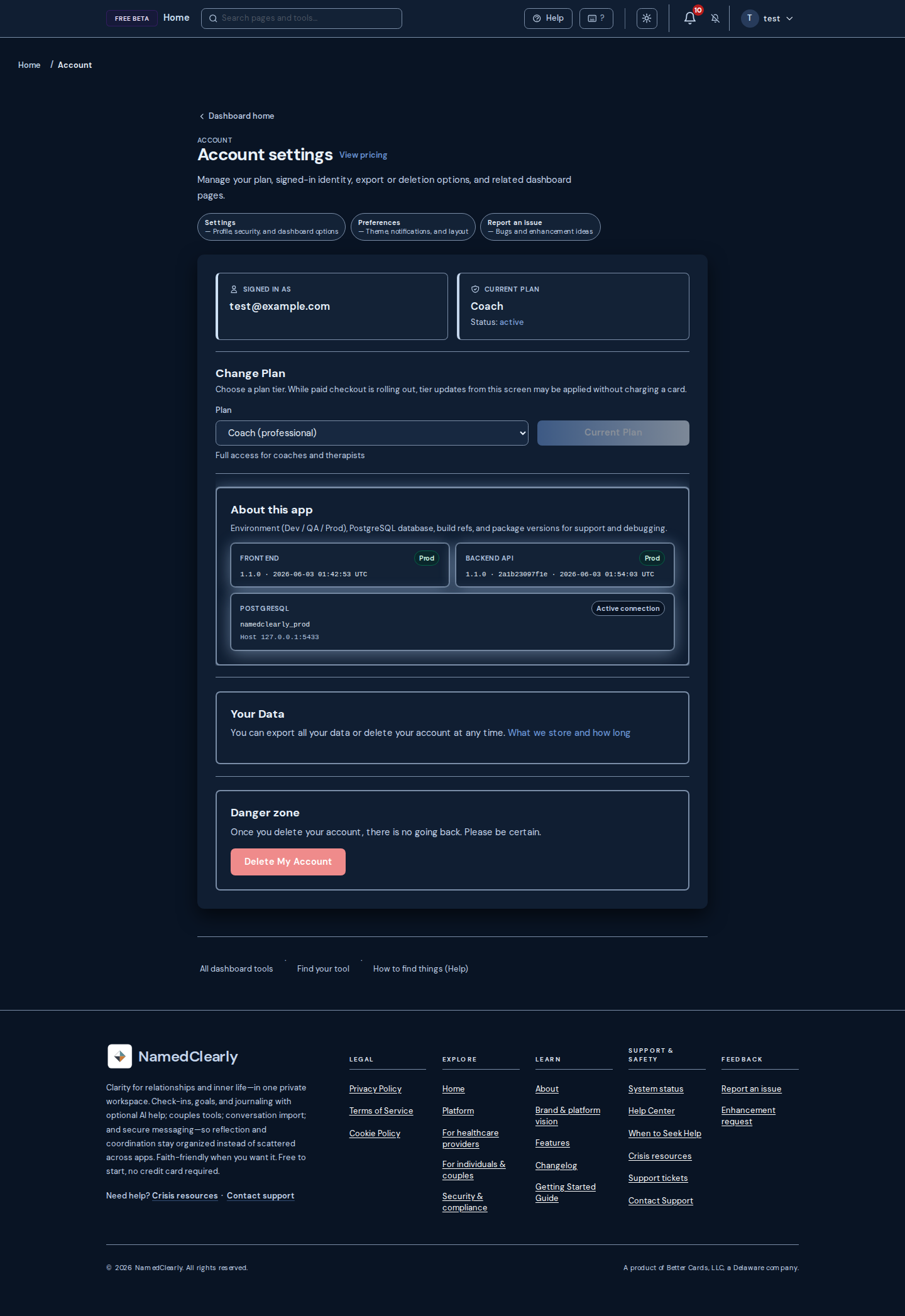 Screenshot: Your Data (Account: export & delete)