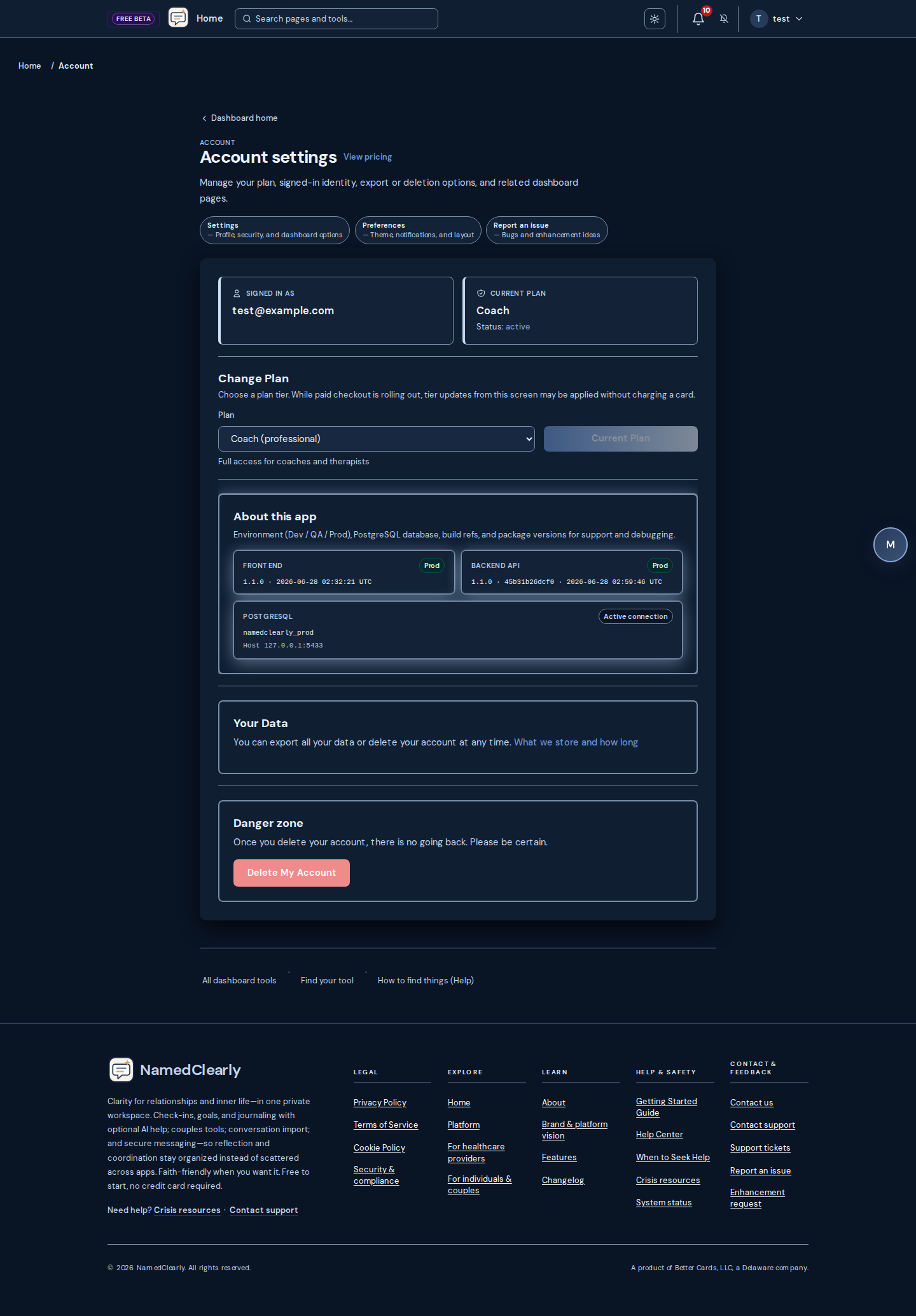 Screenshot: Your Data (Account: export & delete)